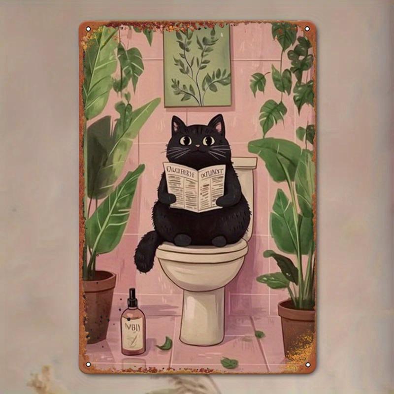 Vintage Pink Cat Reading on Toilet Metal Wall Sign  Retro Iron Bathroom Decor with Black Kitten cm x cm (x)