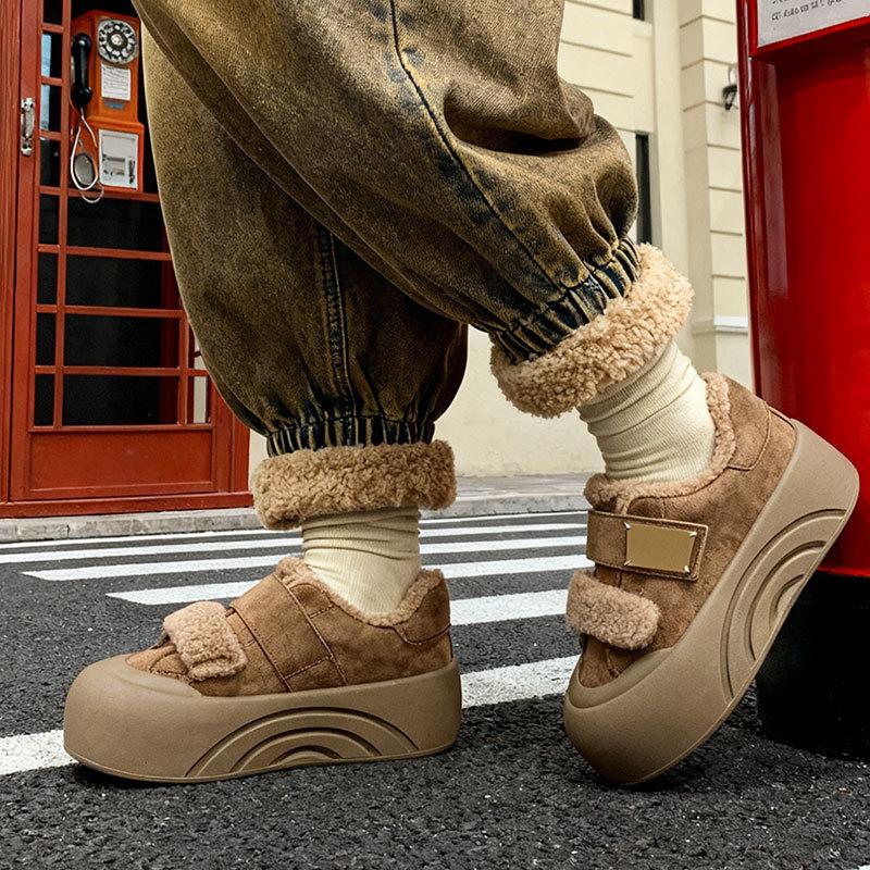 Women's Retro Velcro Thick Sole Fashion Lightweight Soft Sole Winter Warm Fur One Snow Boots Fluffy Lined Non-slip Casual Sports Cotton Boots