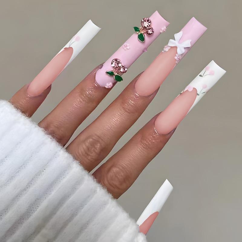 Super long water pipe wearing armor with diamonds, bow cherry flower white French detachable finished fake nail patch