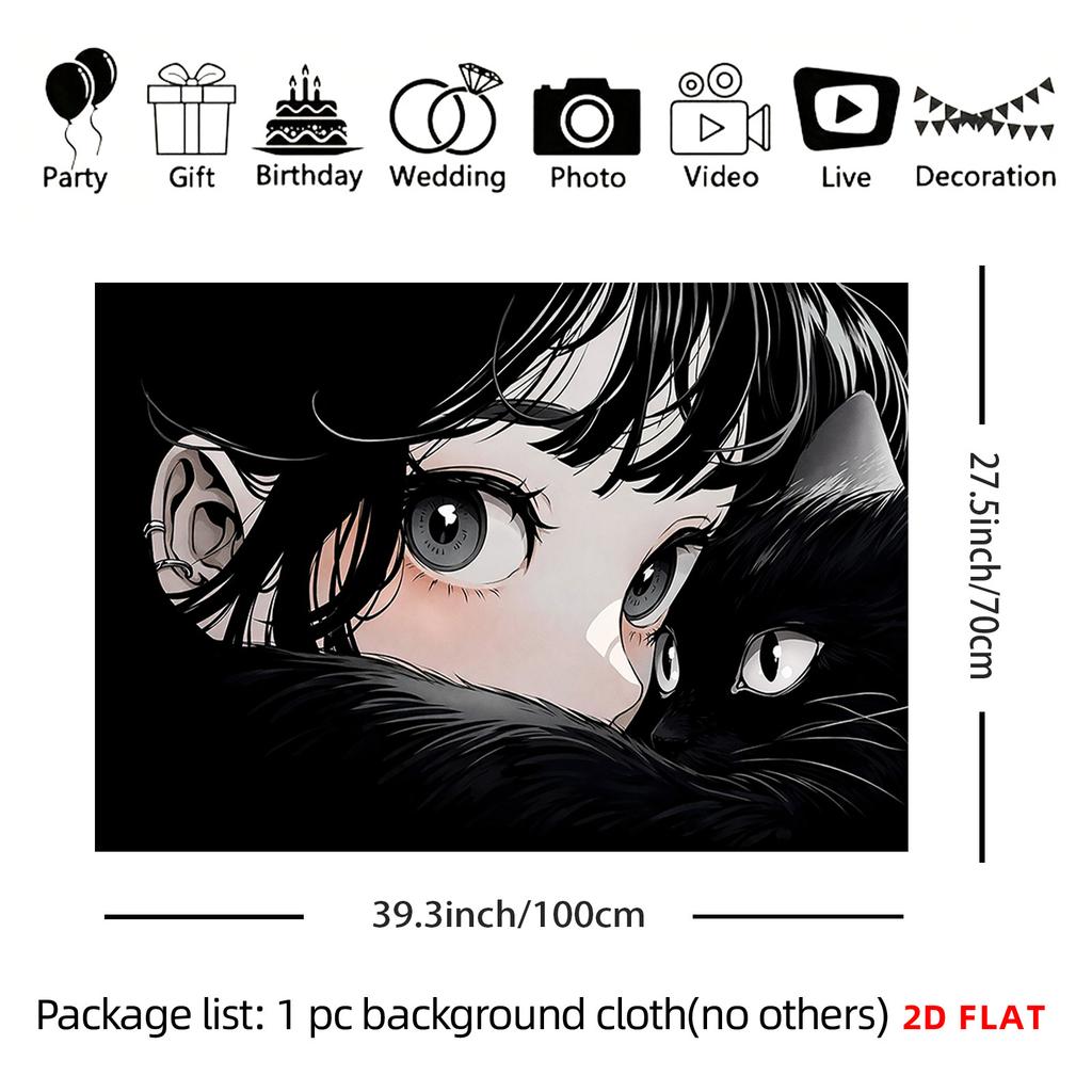 Cozy Anime Girl with Cat Tapestry, Aesthetic Wall Art for Bedroom, Living Room, Office & Meditation Space Decor