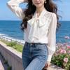 French Style Women White Bow Lace Blouse Long Sleeve Lace Trim Bow Tie Casual Elegant Shirt