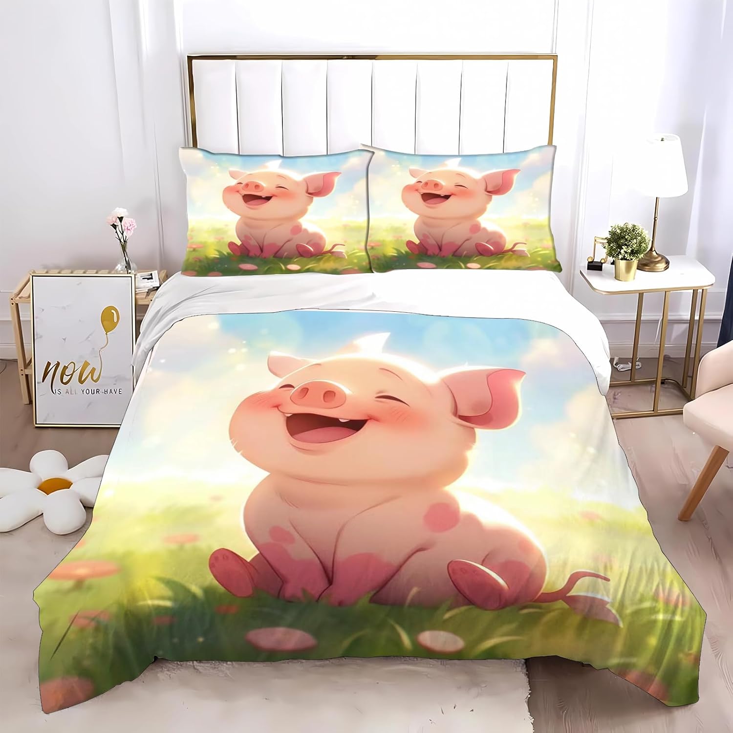 Sweet Pig Microfiber Bedding Set For Kids Piggy Cartoon Duvet Cover With Zipper Pillowcase 75x50cm 90x200m