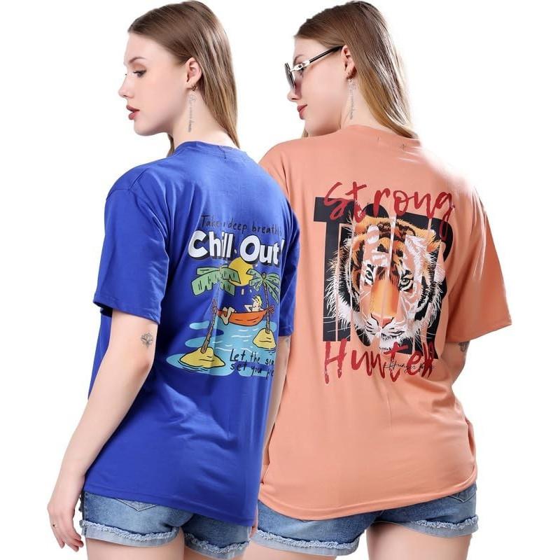 Graphic Printed Summer Casual Wear T-shirt Women's Cotton Blend Top Pack of 2