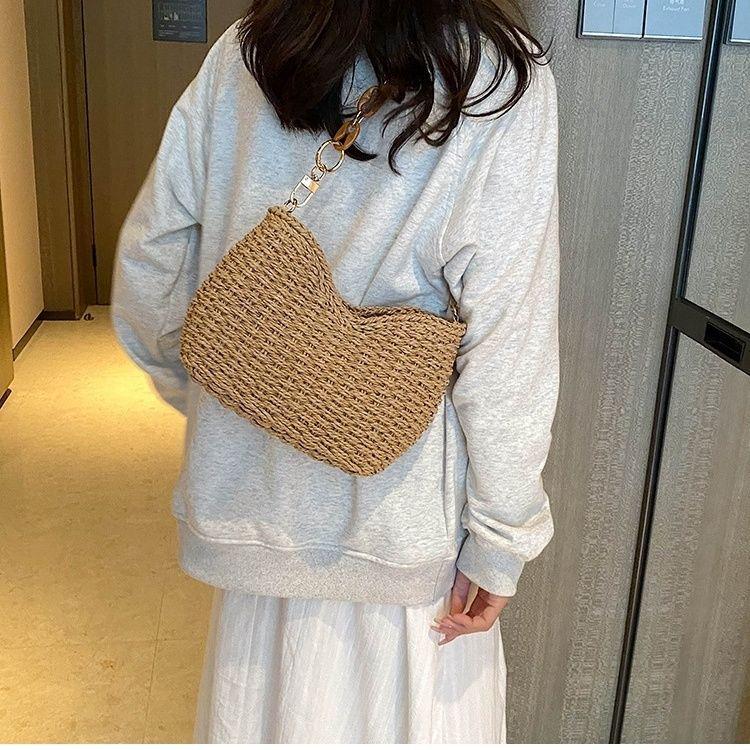 Шикарная женская летняя пляжная плетеная сумка из соломы с цепочкой - Универсальная и модная сумка через плечо хаки