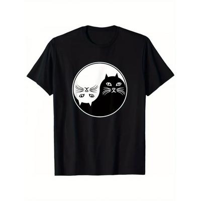 Men's Yin-Yang Cat Graphic T-Shirt – Soft Cotton, Short Sleeve, Round Neck, Black & White Cat Design, Casual Summer Tee for Cat Lovers, Casual