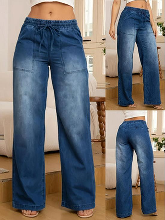 Women s Retro High Waist Wide Leg Drawstring Jeans - Washed Loose Fit Straight Leg Pants Large синий
