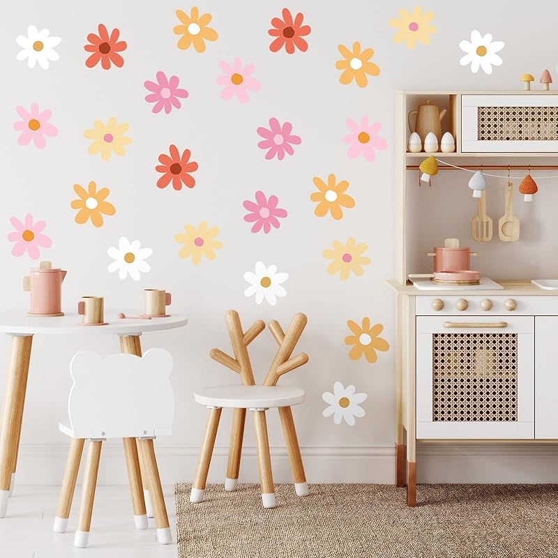 BBTO Daisy Wall Decal Flower Vinyl Wall Floral Decals Peel and Stick Daisy Stickers for Kids Nursery Art Bedroom Living Room(Pink, White)