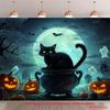 2D Flat Halloween Graveyard Backdrop Black Cat & Glowing Pumpkin Background Cloth