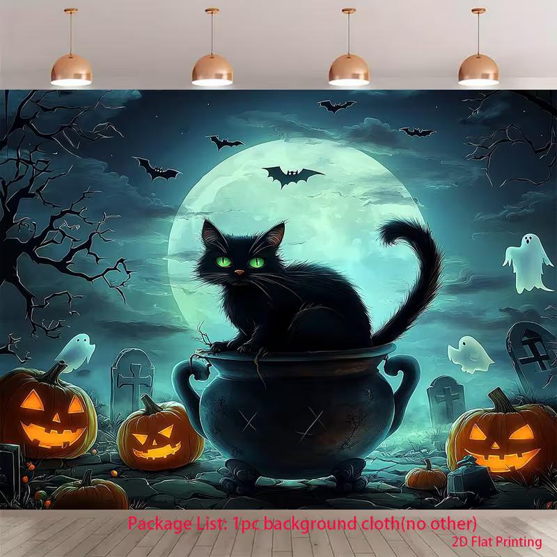 

2D Flat Halloween Graveyard Backdrop Black Cat & Glowing Pumpkin Background Cloth 47.2x31.5inch/120*80cm