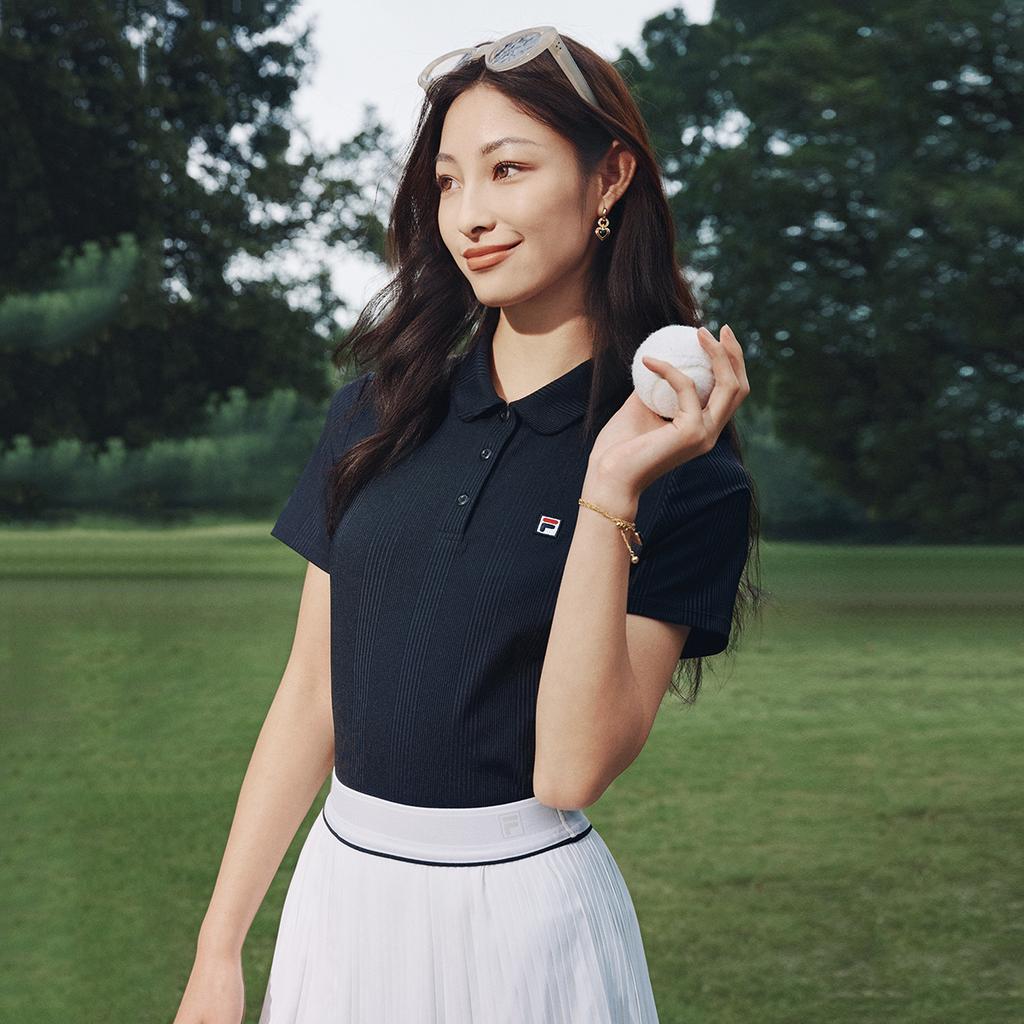 FILA Tennis Fashion Minimalist Sports Casual Versatile Comfortable Short Sleeve Polo Shirt Women tops Deep-Black A11W623123FBK
