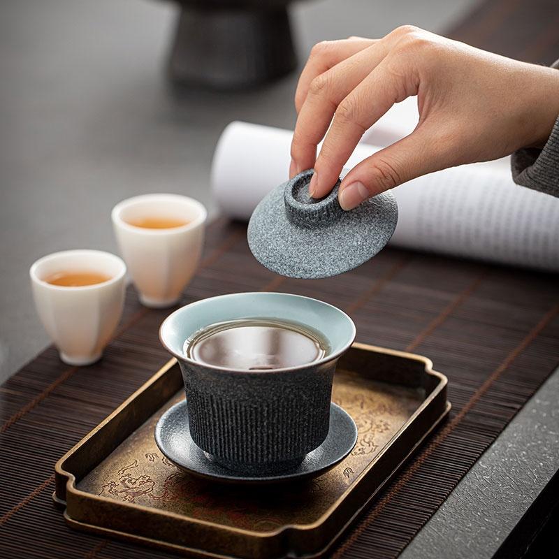 140ml Blue Stone Glaze Ceramic Gaiwan Vintage Sancai Bowl Japanese Style Tea Ceremony Bowl