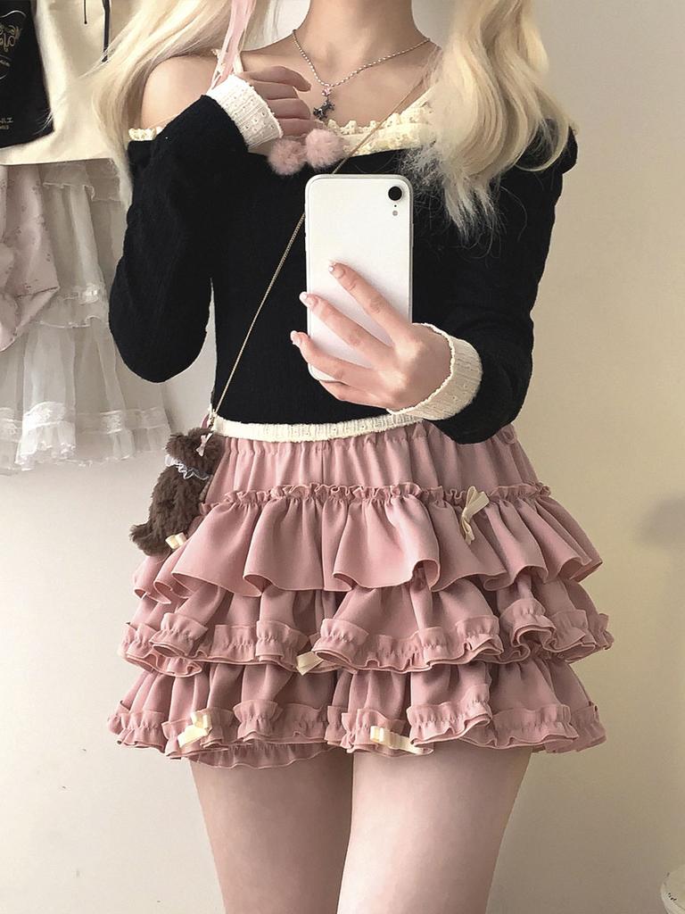Bow Mini Skirt for Women Kawaii Cute Ruffle Cake Skirt Shorts Girls Harajuku Japanese Style Clothing