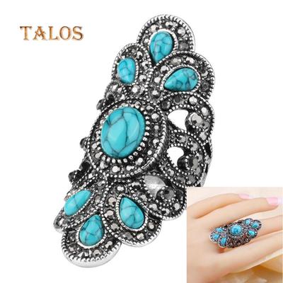 Senoviniai inkrustuoti turkio spalvos krištoliniai akmeniniai pirštų žiedai vyriški moteriški žiedai tuščiaviduriai vakarėliui skirti simetriški papuošalai