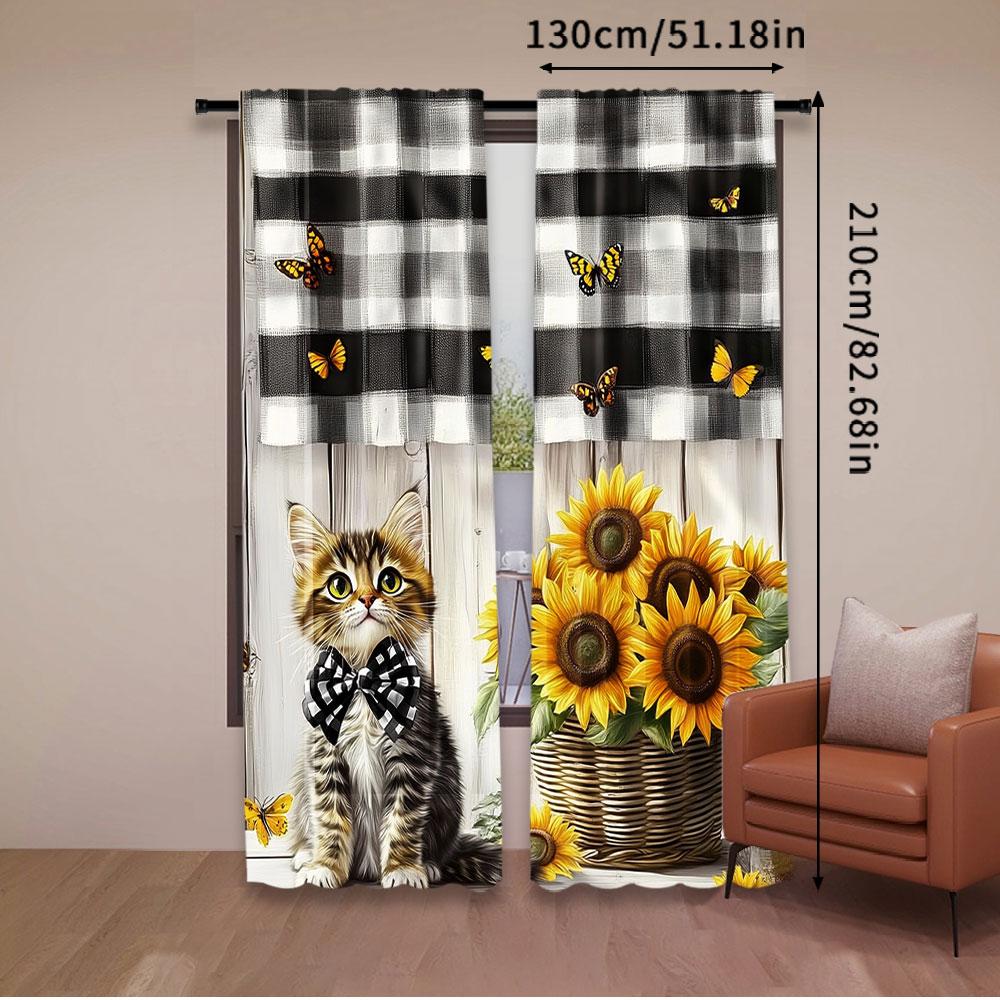 2Pcs Cute Country Cat Sunflower Curtains Rustic Wood Printed Curtains Suitable For Bedroom Bathroom Living Room Dining Room