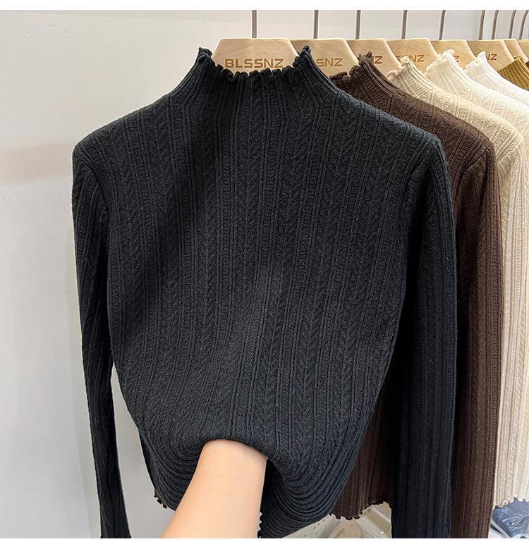 Women's Half Turtleneck Knit Sweater - White, Wood Ear Edge Design, Spring/Fall/Winter