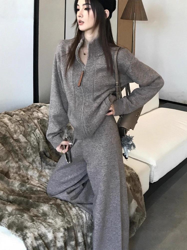 Autumn & Winter Korean-Style Thick Cardigan & Wide-Leg Pants Knit Two-Piece Set