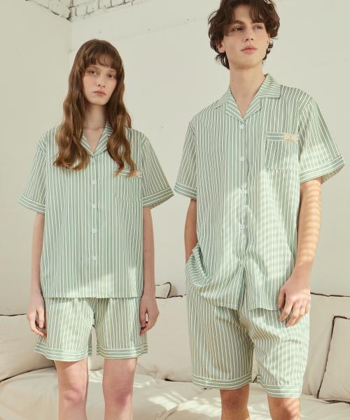 [Pink Zone] Blain Stripe Green Short-Sleeve Collar Pajama Set [Shipped from Korea] 100% Authentic