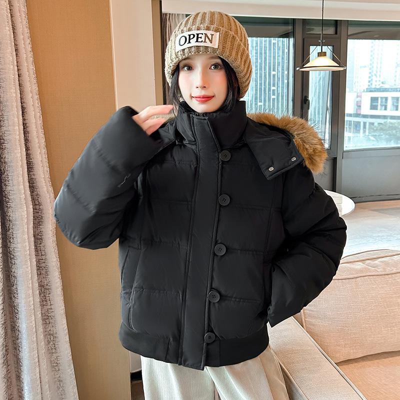 

Короткое теплое пальто с капюшоном и воротником из искусственного меха, зимняя куртка с пуговицами S чёрный