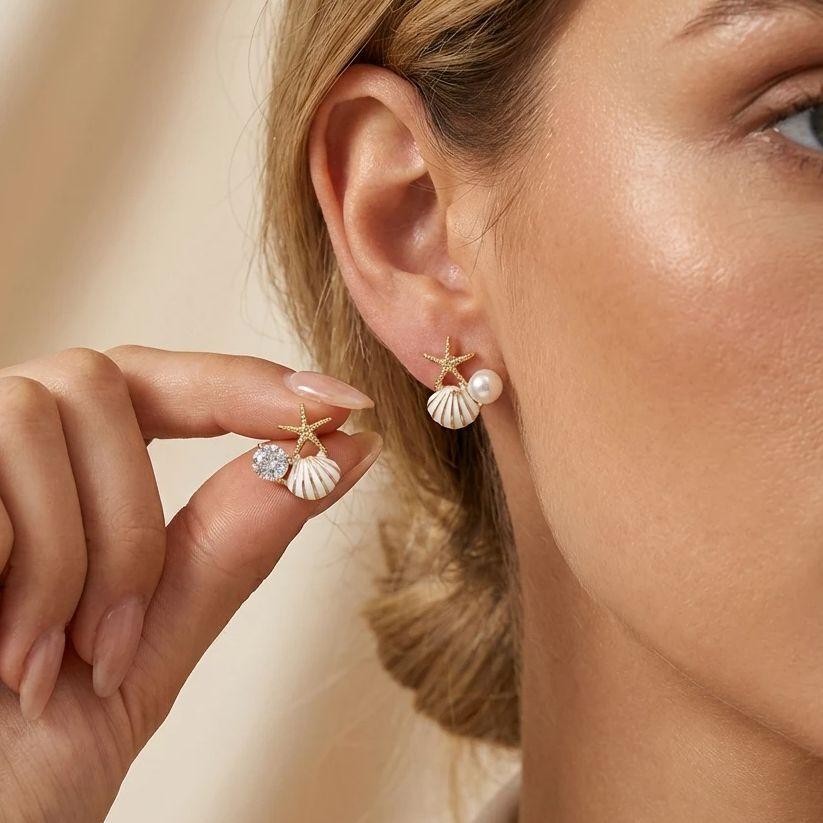 Trendy Asymmetric Starfish Shell Earrings for Women Ocean Style Imitation Pearl Zircon Stud Earring Girl Beach Vacation Jewelry