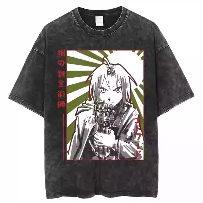 T-shirt Grafica Anime Fullmetal Alchemist Brotherhood Cornice Gotica Fratelli Uomo Donna Vintage Lavato Girocollo Cotone Oversize Top Girocollo Cotone