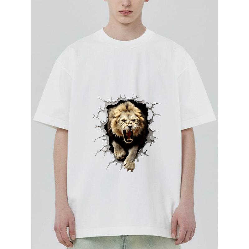 Men's Black T-Shirt Lion Breaking Through Graphic Design Casual Wear for Everyday Outfits