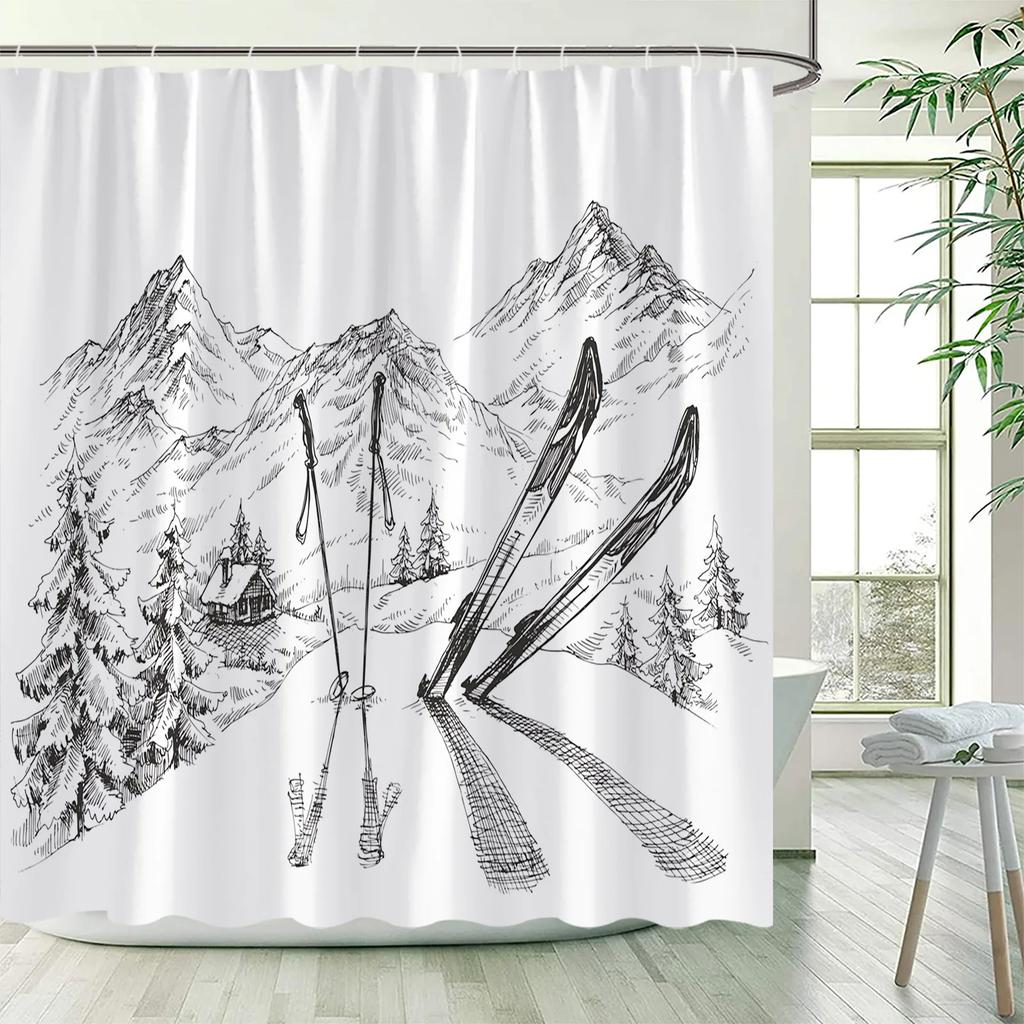 Winter Skiing Shower Curtain Set Modern Ski Station Snow Mountain Pine Tree Forest Bath Curtains Blue Christmas Bathroom Decor