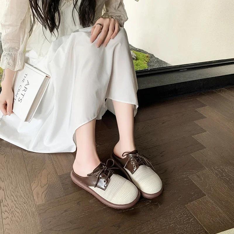 Women's Mules Round Toe Lace-up Cover Toe Flat Sole Women's Slippers Dress Daily Commute Retro Hollow Upper Zapatillas De Mujer
