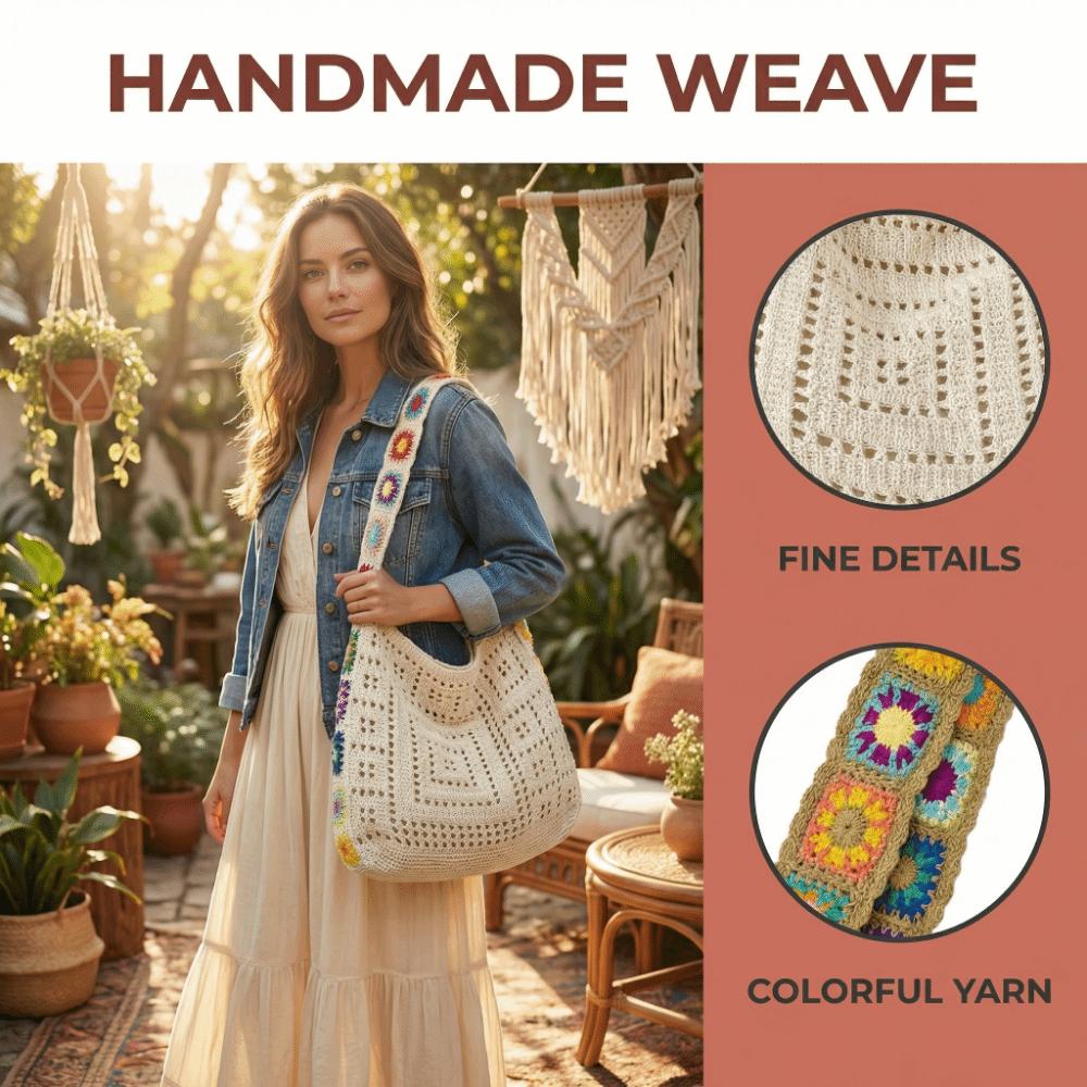 Soft Solid Color Knitted Shoulder Bag Bohemian Hollow Crochet Tote Bag Large Capacity Woven Shopping Handbag Girls
