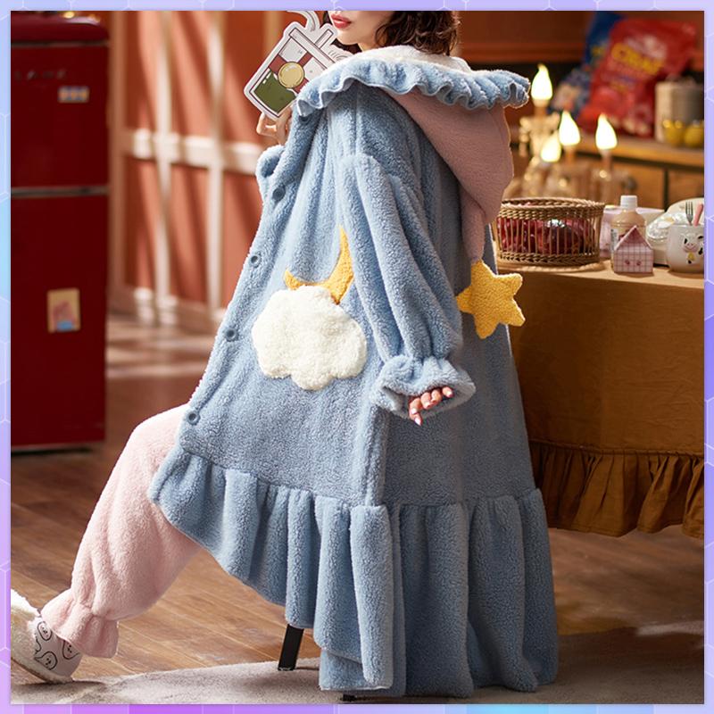 Cartoon Thicken Kimono Bathrobe Women's Dressing Gown Pajamas Hooded Robes Coral Fleece Sleepwear Winter Coats for Home Clothes