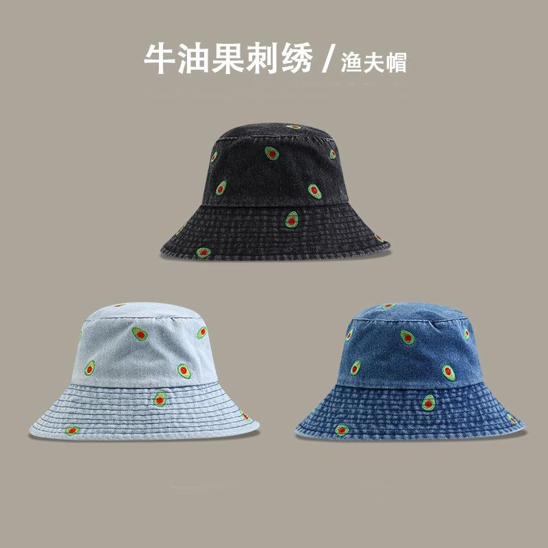 Denim Bucket Hat Female Versatile Simple Avocado Embroidered Bucket Hat Spring and Autumn Sunscreen Student Trend Basin Hat