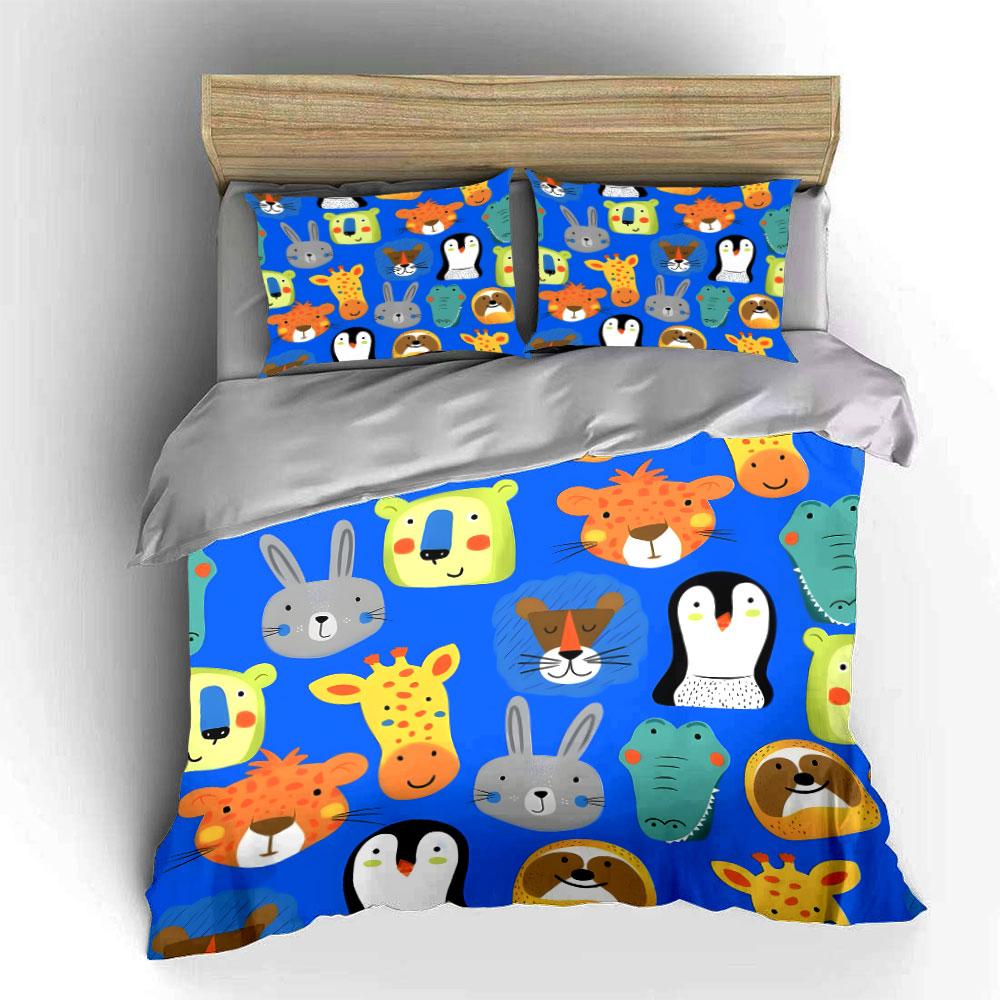 Cartoon Animal Faces Pattern Bedding Duvet Cover Set (1*Duvet Cover 2*Pillowcases, without duvet insert)