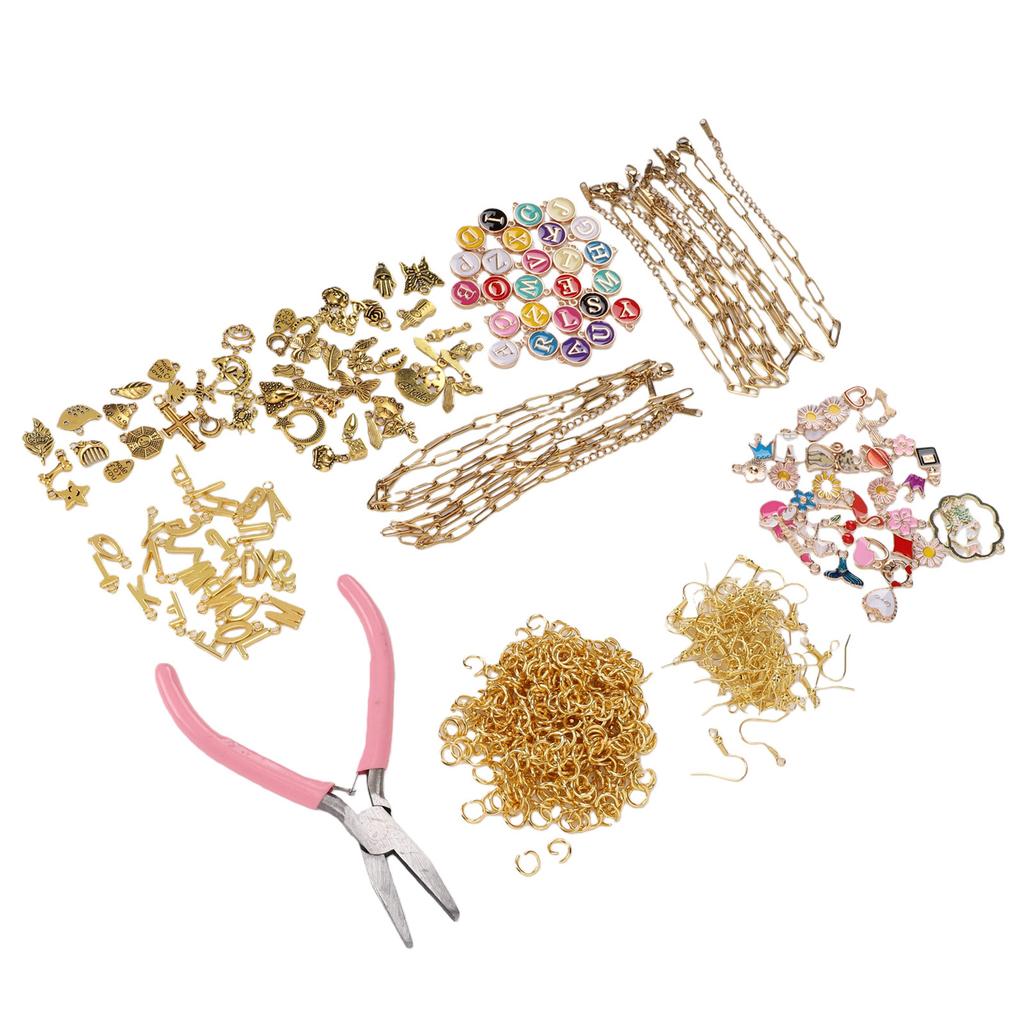 Jewelry Making Kit Beads Bracelet Earrings Craft Set with Pendants Charm Pliers for Necklace Keychain Gift Gold