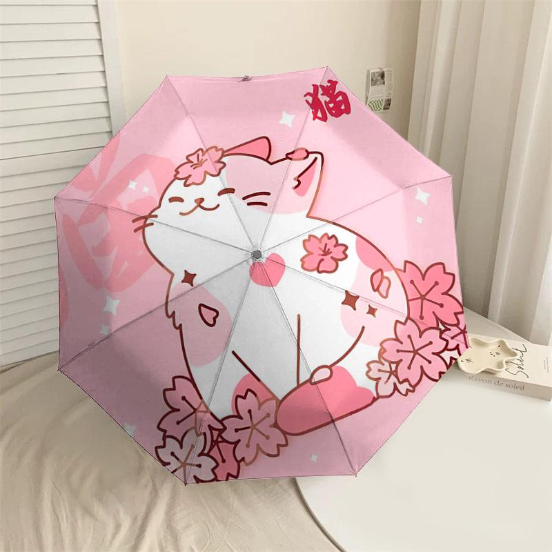 1pc Cherry Blossom Cat Automatic Folding Umbrella 8 Rib Iron Frame,  Suitable for Travel, Daily Use, Birthday, Women & Men Gift c1231073