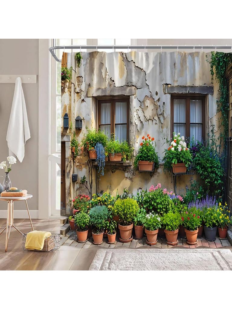 Italian Street Shower Curtain European Garden Greece Scene Tuscany Floral Landscape Vintage Brown Green Bathroom Home Curtain