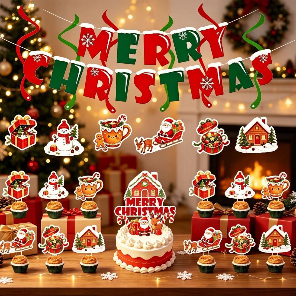 Christmas Party Decoration Set with Merry Christmas Letter Banner, 6pcs Hanging Swirls and 13pcs Cake Toppers