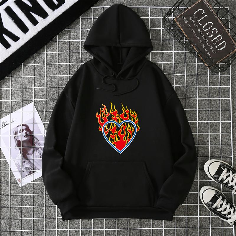 Love Fire Graphic Print Hoodie Pure Cotton High Quality Loose Shoulder Hooded Sweater Trend Fashion Sweatshirt