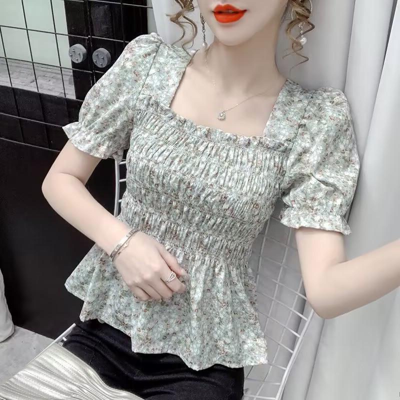 Japanese Style Floral Square Neck Chiffon Pullover Top for Women
