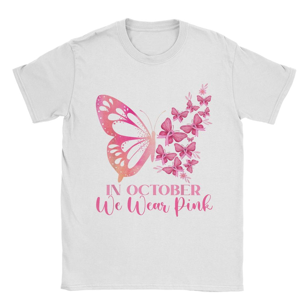 In October We Wear Pink Butterfly Breast Cancer Awareness Men T Shirts  Hipster Tee Shirt Short Sleeve Round Collar T-Shirt Tops
