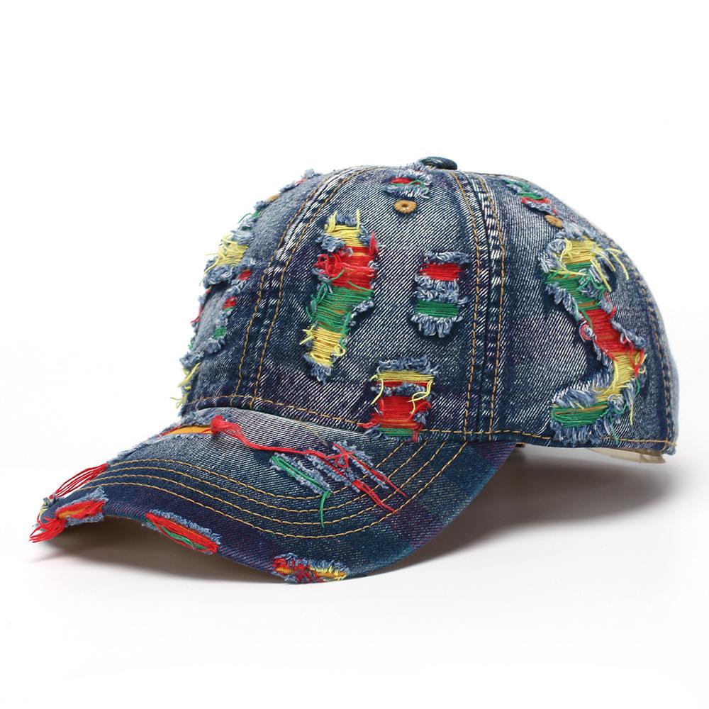 New Style Women Cap Tear Style Hole Vintage Colorful Lines Baseball Caps Female Casual Outdoor Streetwear Denim Hat