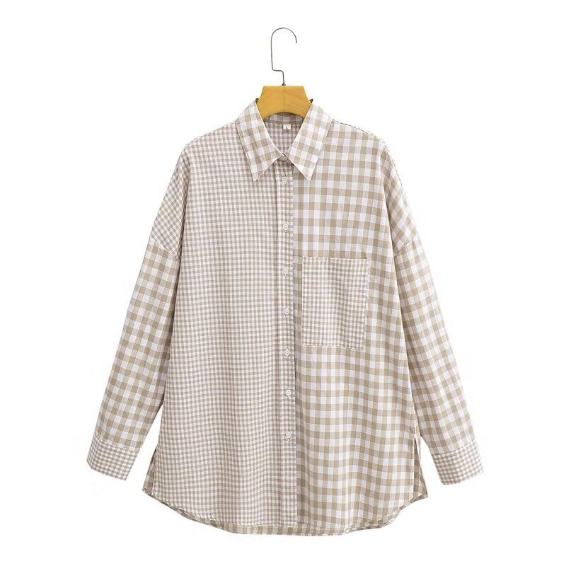 

Fashion Style Long Repair Hipster Gingham Shirt Female 2023 Autumn New Arrival Loose Slim Fit Long Sleeves Ladies Tops Khaki L