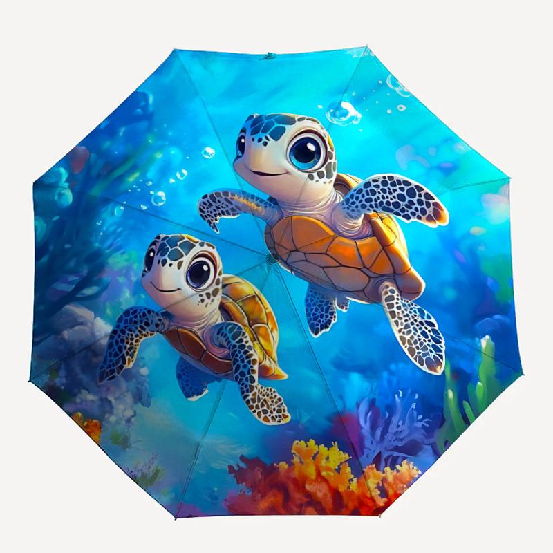 

1pc Turtle Ocean Automatic Folding Umbrella, Lightweight Retractable Compact Travel Umbrella, 8-Rib Sturdy Frame019