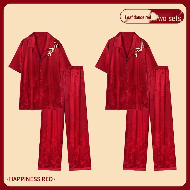 Golden Love: Ice Silk Wedding Pajamas - Luxurious Smooth Silk for Newlyweds, Red Couple Set L