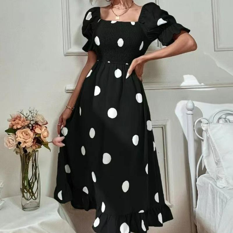 Women's Large Polka Dot Peplum Short Sleeved Dress Female Slim Frilly Sweet Dress