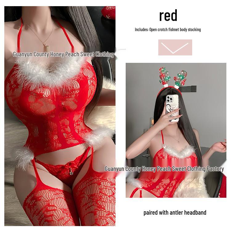 Fluffy Fishnet Suspender Bodystocking: Halter, Open Crotch, Christmas & New Year.