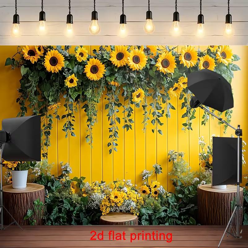 2D Flat Printing Party Backdrop Bright Sunflower Wall Scene with Rustic Wooden Stumps