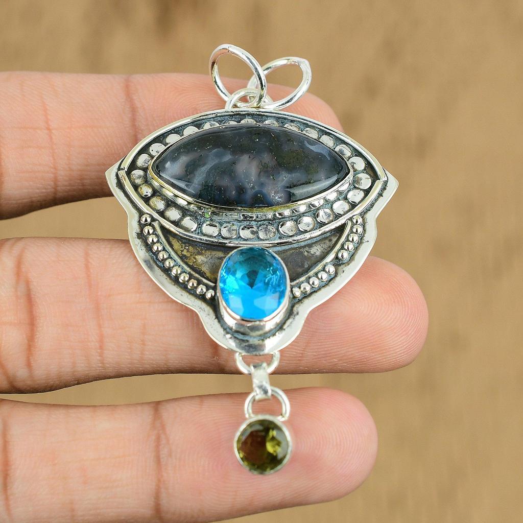 Gift For Women Pendant 925 Sterling Silver Natural Solar Moss Agate Gemstone