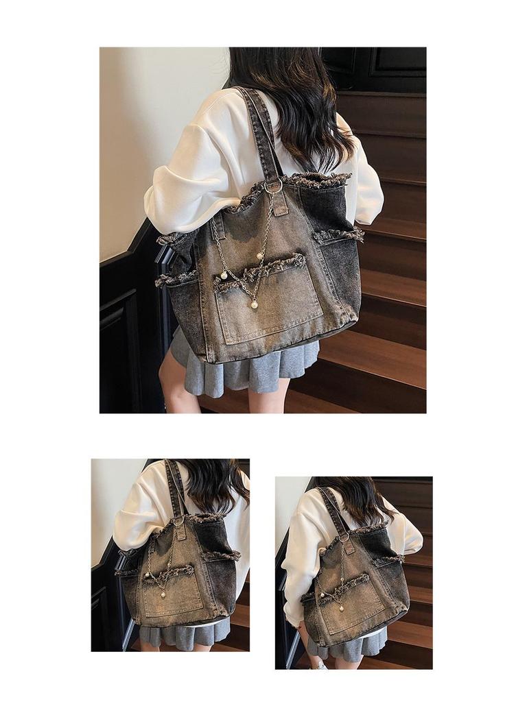 Gradient Large-Capacity Denim Tote Bag - Versatile Commuter Shoulder Bag