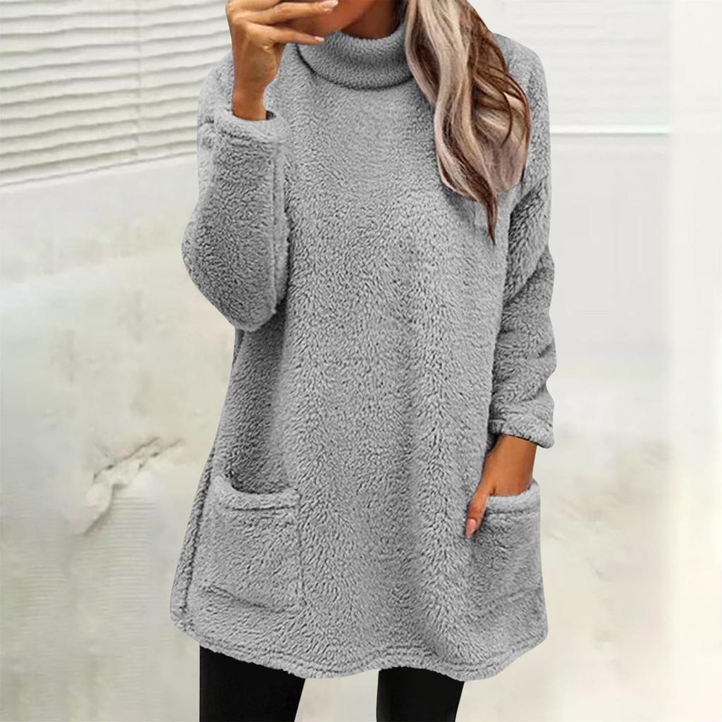 Bluzy damskie z golfem jesienno-zimowe ciepłe swetry plus size tuniki pulowery topy z kieszeniami