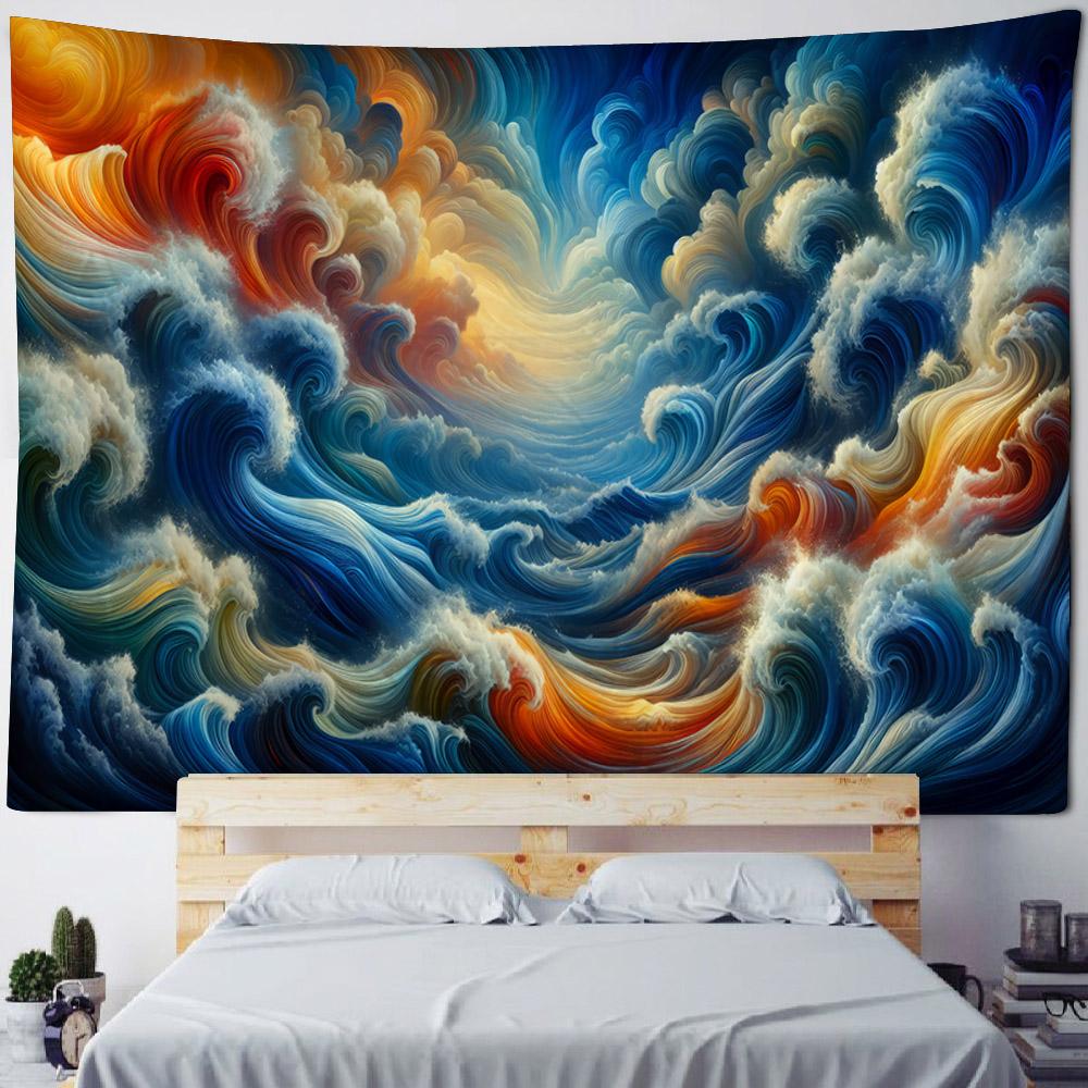 Sea oil painting tapestry, waves, sunrise, bohemian, hippie, wall hanging, home, bedroom, living room, aesthetic decoration
