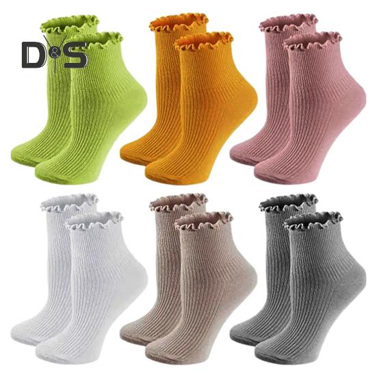 6 Pairs Women Socks Ruffle Edge Solid Color Anti-slip High Elasticity Ankle Length Low-cut Daily Sport Socks Great Gift for Mom Wife Daughter